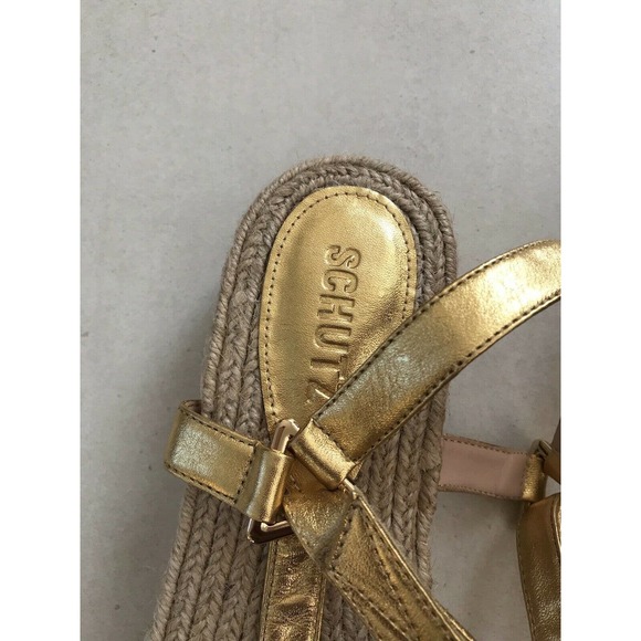Schutz Sandalia Salto Baixo Jute Gold Metallic Platform Sandals - Picture 5 of 12